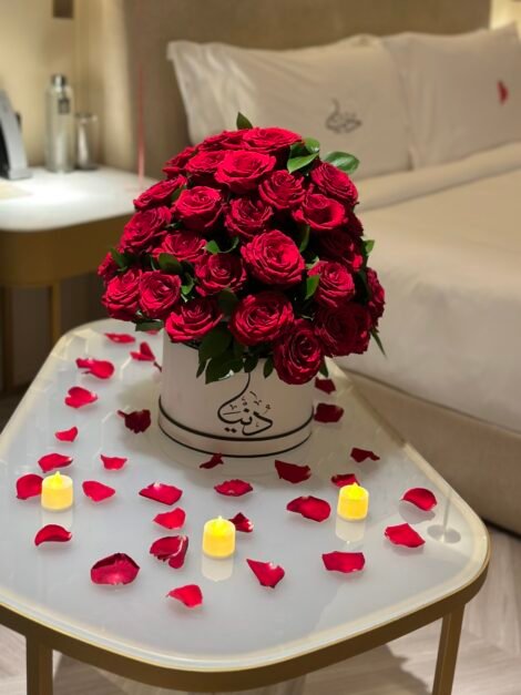 Luxury Box of 50 Red Roses with Elegant Inner Floral Touches
