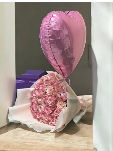 Pink Flower with Heart Balloon