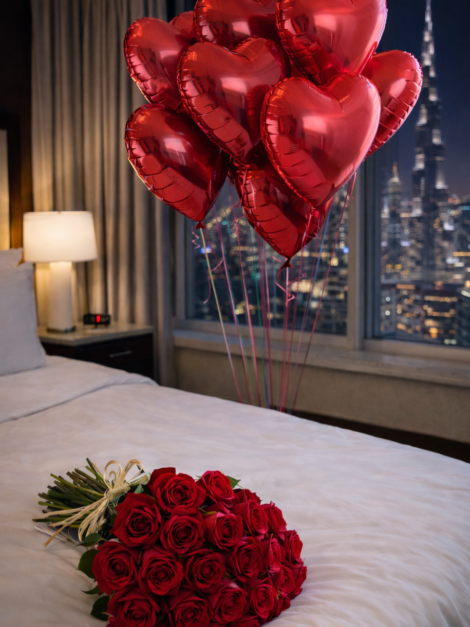 Red Flower with 10 Heart Balloon