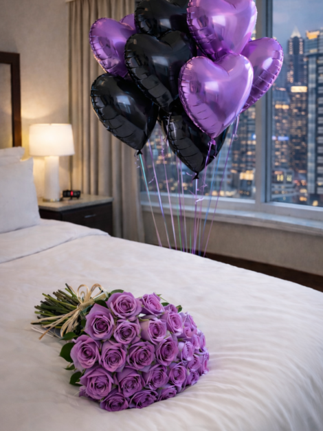 Purple Flower with 10 Heart Balloon