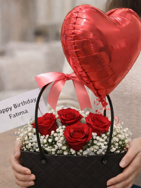 Red Flower Basket with Heart Balloon
