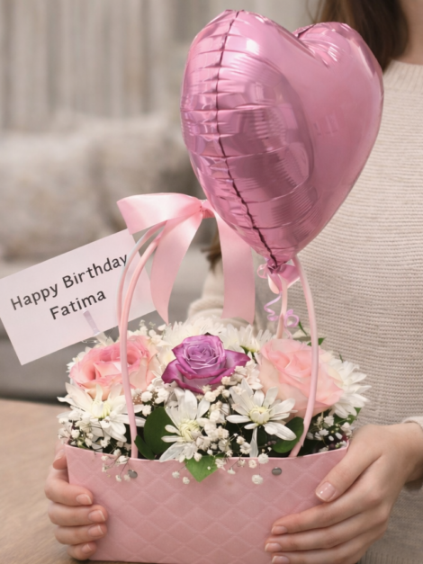 Pink Flower Basket with Heart Balloon