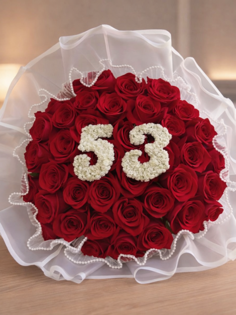 50 Red Roses Bouquet with Floral Numbers