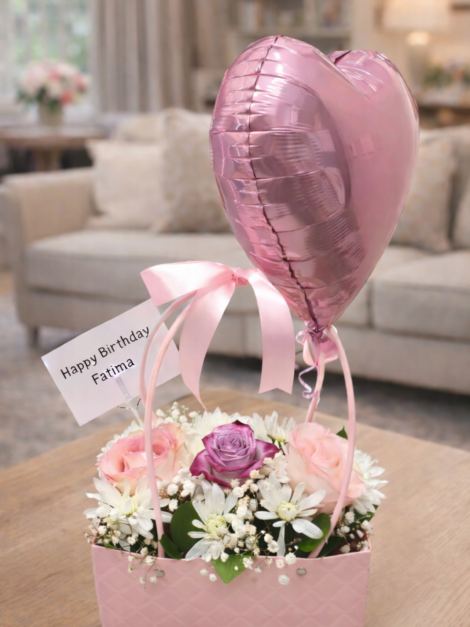 Pink Flower Basket with Heart Balloon