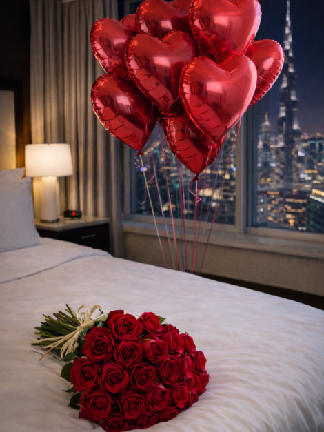 Red Flower with 10 Heart Balloon