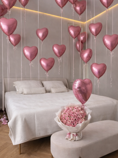 Heart Balloons Room Setup with Rose Bouquet