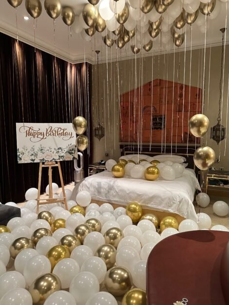 White & Gold Birthday Room Decoration