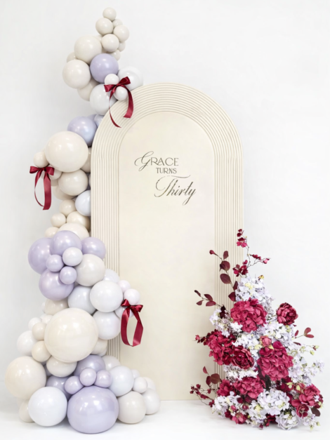Elegant Balloon Arch Backdrop with Floral Arrangement