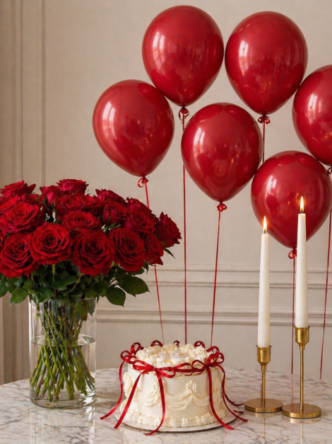 Elegant Birthday Cake with Red Balloons