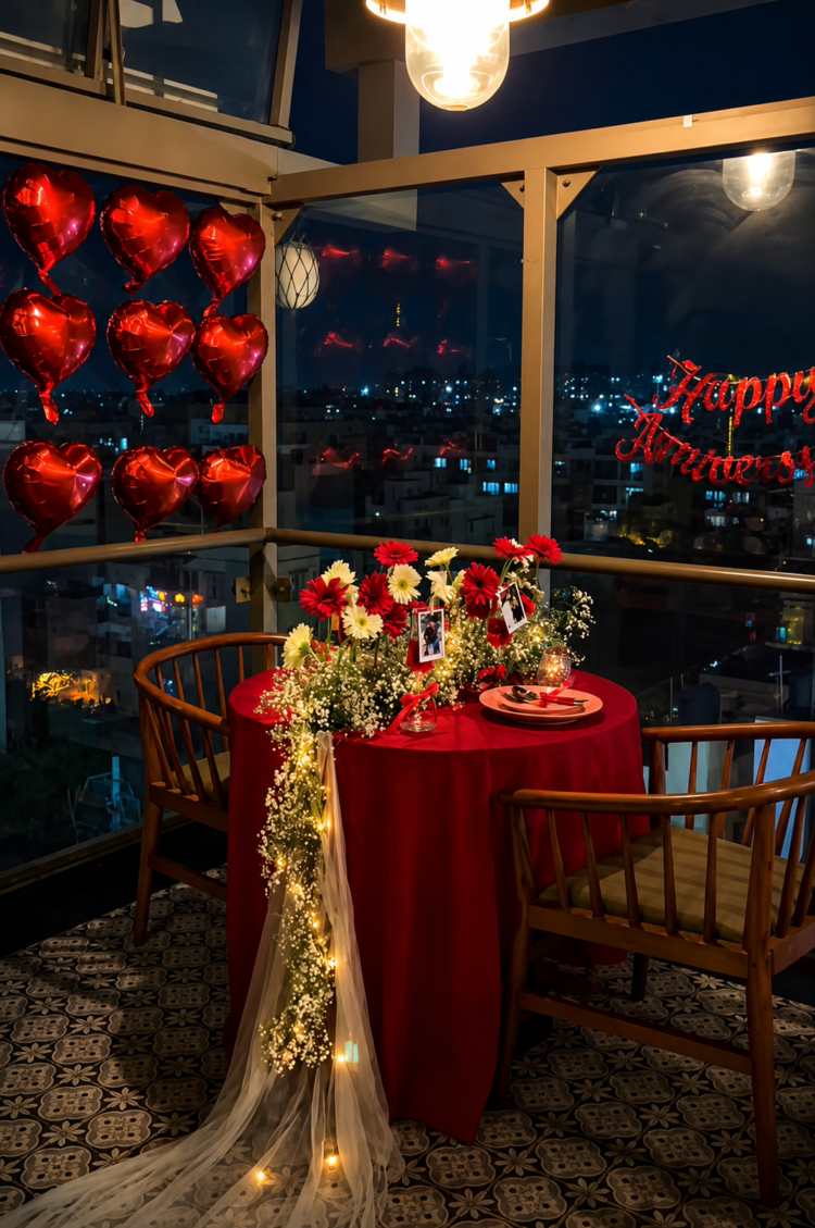 Red Romance Dinner ✨ A luxury romantic dinner setup with a stunning night view and elegant red touches ❤️ Includes red heart balloons, elegant floral styling, warm lighting, and a beautifully arranged table for unforgettable moments.
